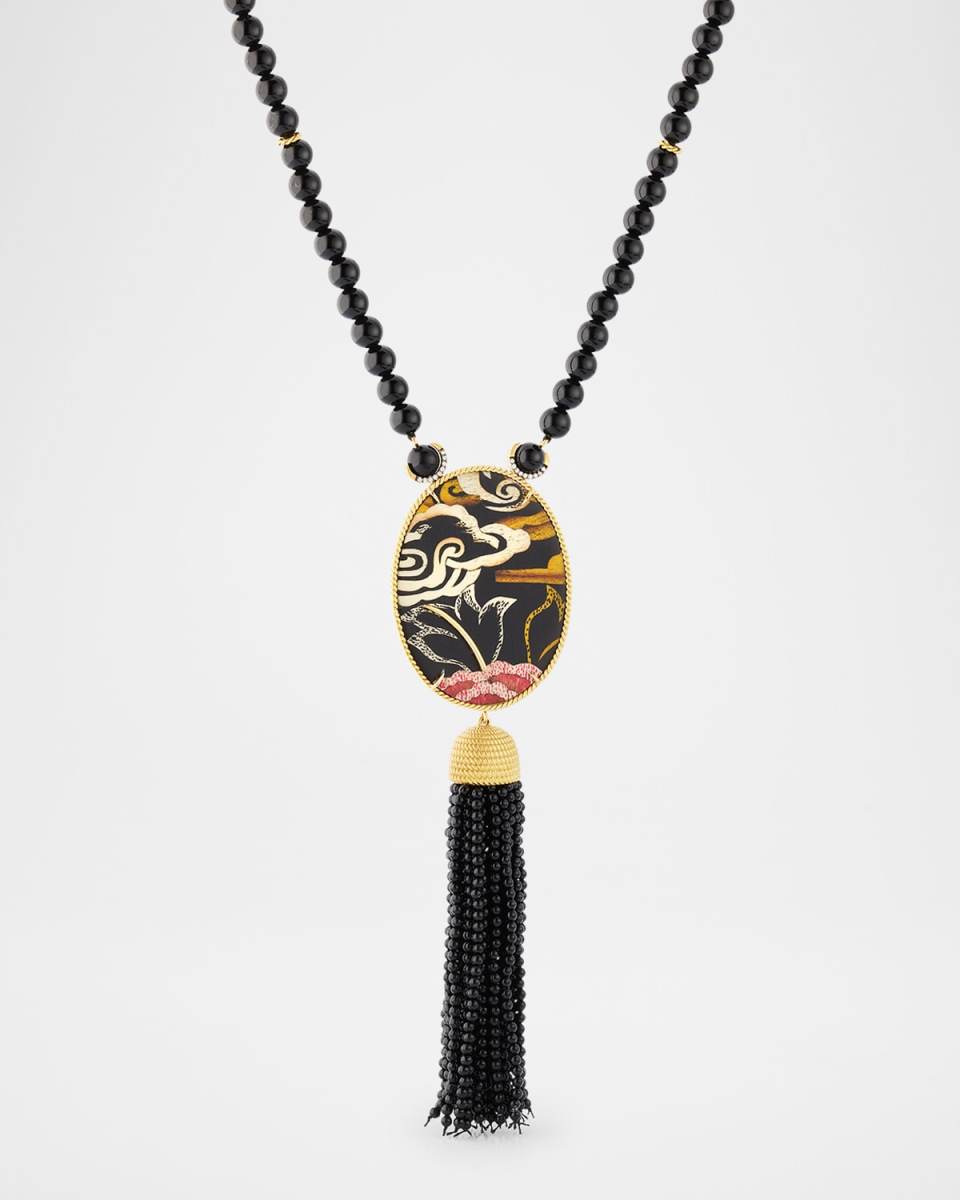 Tibetan Rose Oval Marquetry Lariat Necklace with Diamonds and Onyx